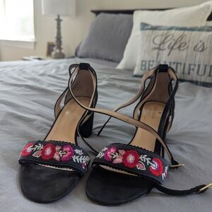 Kate Spade Watson Block Heel Navy Blue Suede Strap Sandal Pink Embroidered